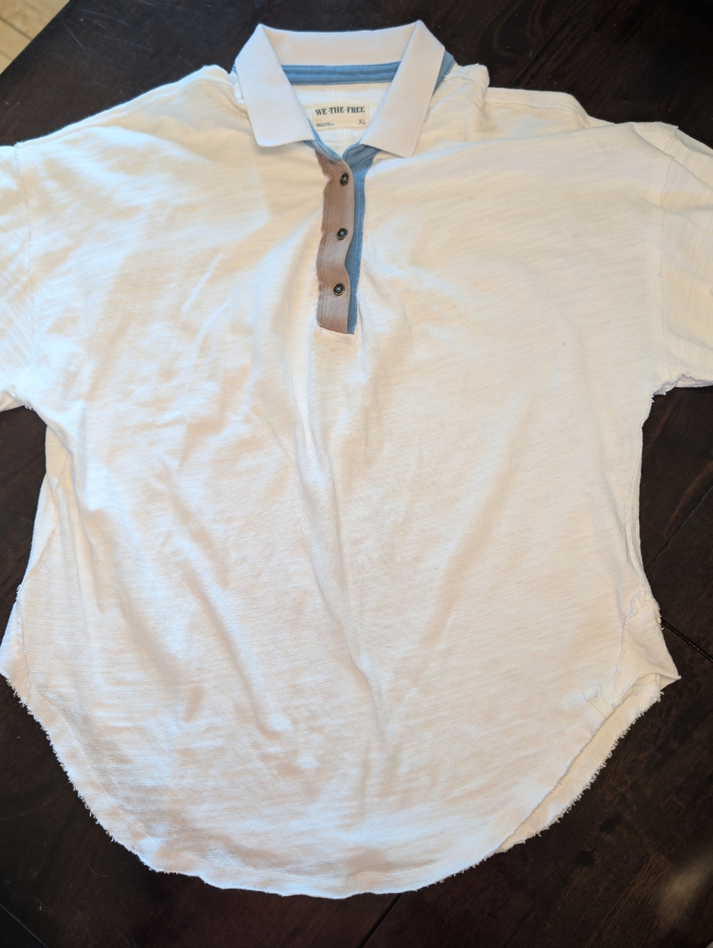 We The Free White Short Sleeve Polo Blue Grey Trim Boho Relaxed Oversized Comfy